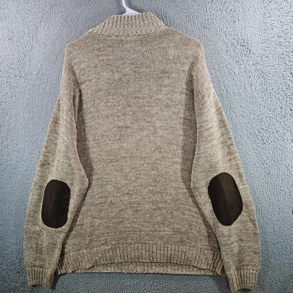 Chaps Mens XL Tan Marled Cotton Mock Neck Henley Sweater Elbow Patches Logo